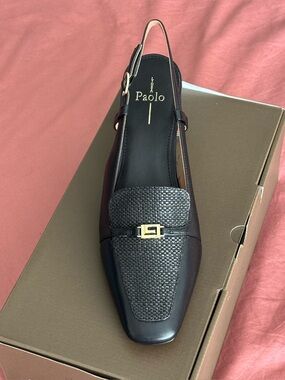 New In Box - Linea Paolo Black  Woven Leather Slingback Heel with Gold Accent